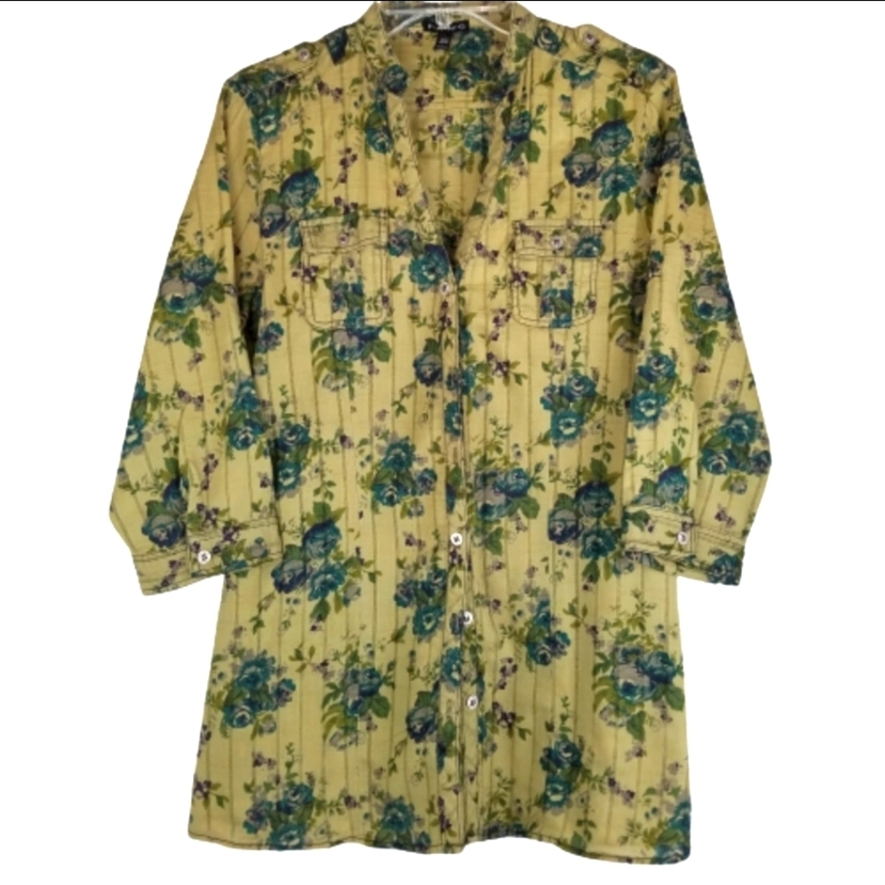 FANG button down mandarin collar roll tab sleeve tunic